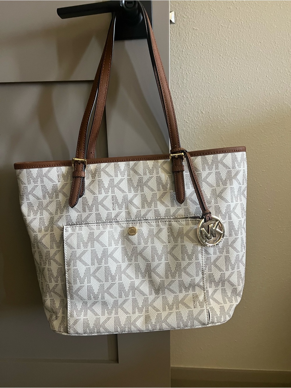 Michael Kors Ivory Signature MK Tote with Brown Leather Trim